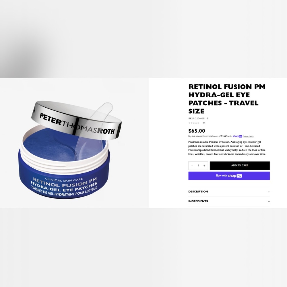Peter Thomas Roth Retinol Fusion Pm Hydra-Gel Patches TRAVEL SIZE NEW, $65 MSRP